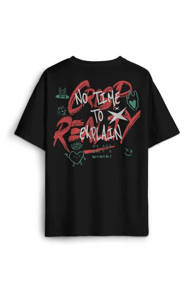 Typography Design Crispy Reality Y2K Grunge Street Grafitti Baskılı Oversize T-shirt Siyah Unisex (1)