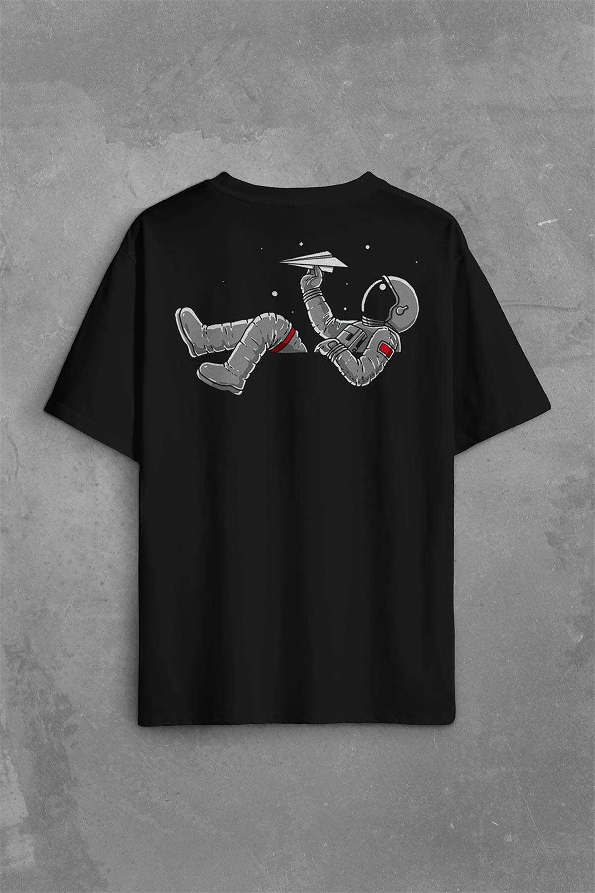 Uçan Astronot Uçurtma Uzay Yolculuğu Cosmos Sırt Ön Baskılı Oversize Tişört Unisex T-Shirt (1)