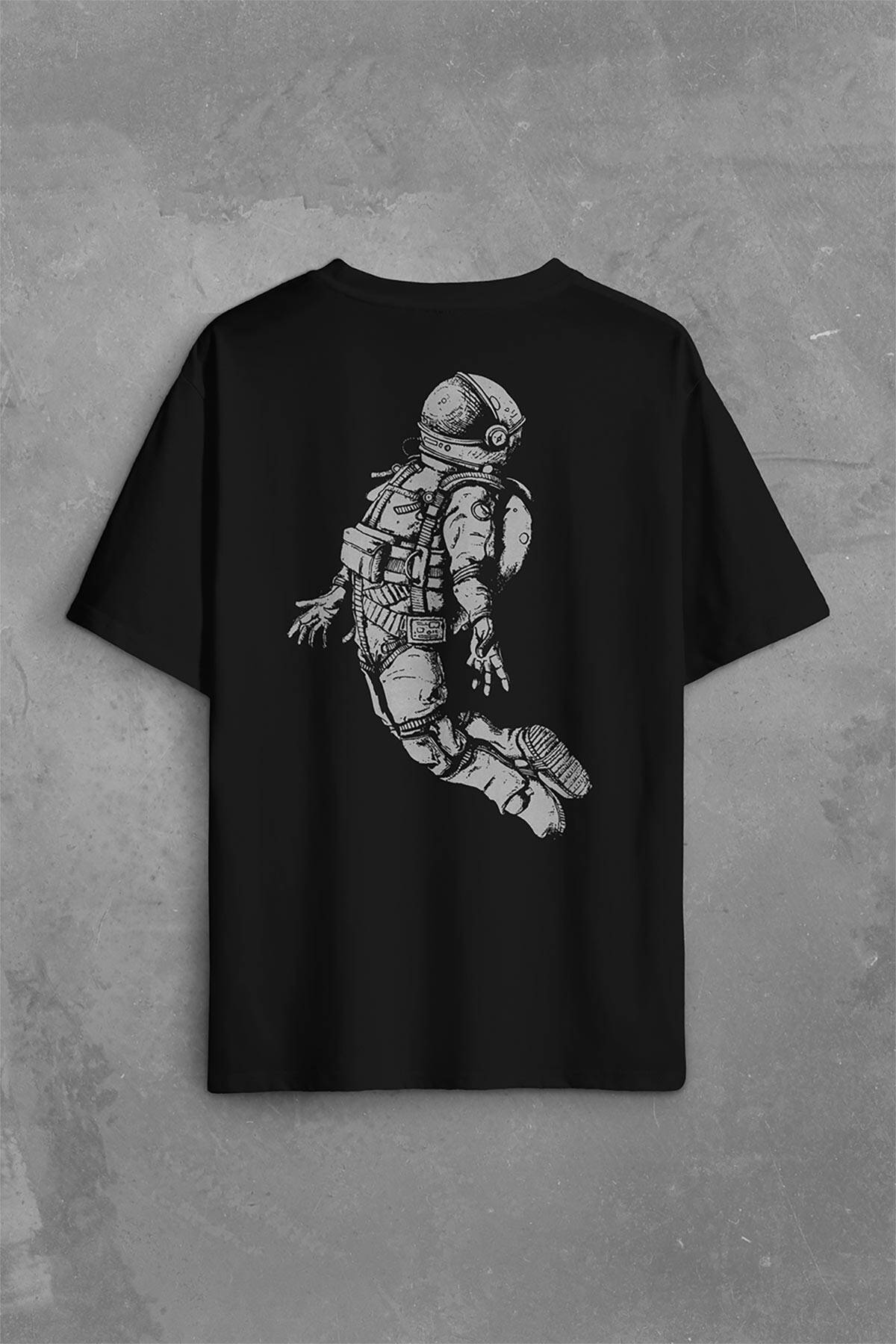 Uçan Astronot Uzay Yolculuğu Cosmos Galaksi Sırt Ön Baskılı Oversize Tişört Unisex T-Shirt (1)