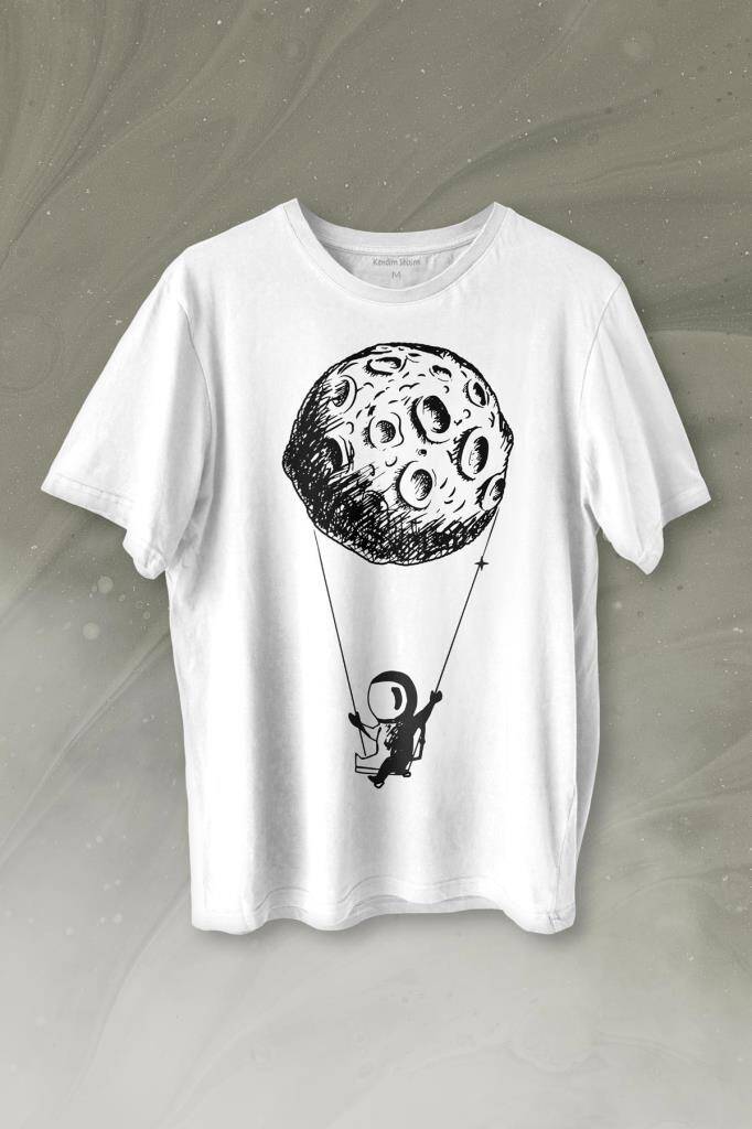 Uçan Balon Gezegen Minimal Astronot Uzay Urban Cosmos Baskılı Tişört Unisex T-shirt - 1
