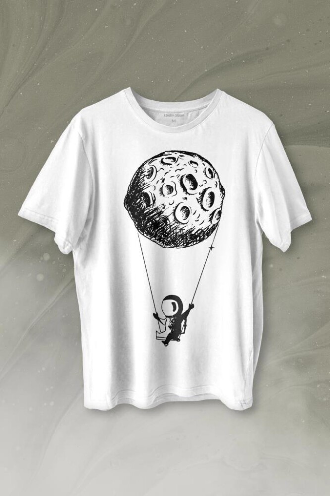 Uçan Balon Gezegen Minimal Astronot Uzay Urban Cosmos Baskılı Tişört Unisex T-shirt - 1