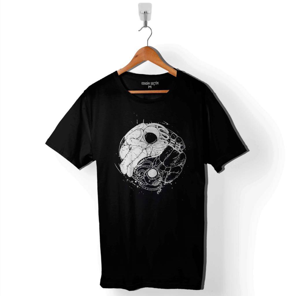 Uçan Çift Astronot Ying Yang Uzay Cosmos Baskılı Tişört Unisex T-Shirt - 1