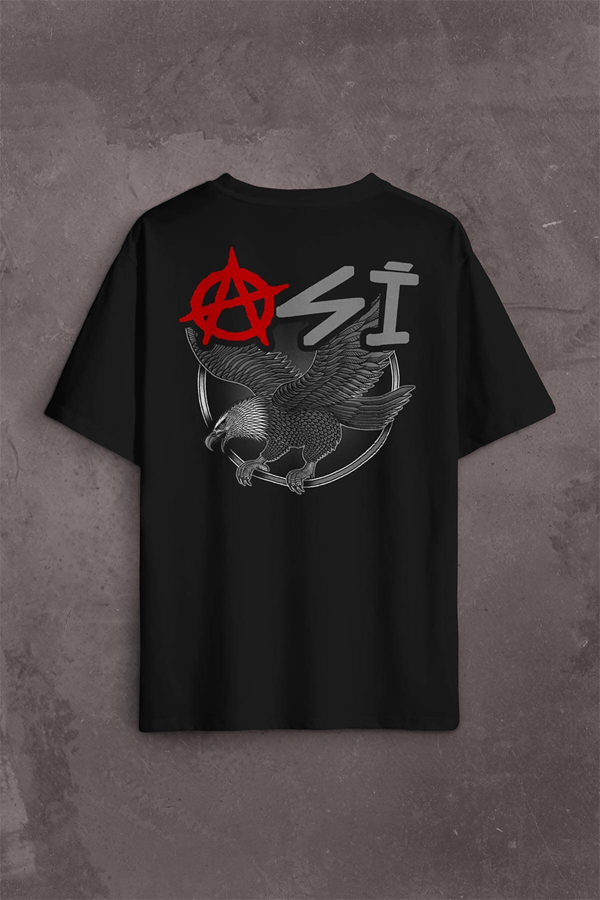 Oversize Siyah Tişört Uçan Kartal Asi Eagle Sırt Ön Baskılı Unisex T-Shirt - 1
