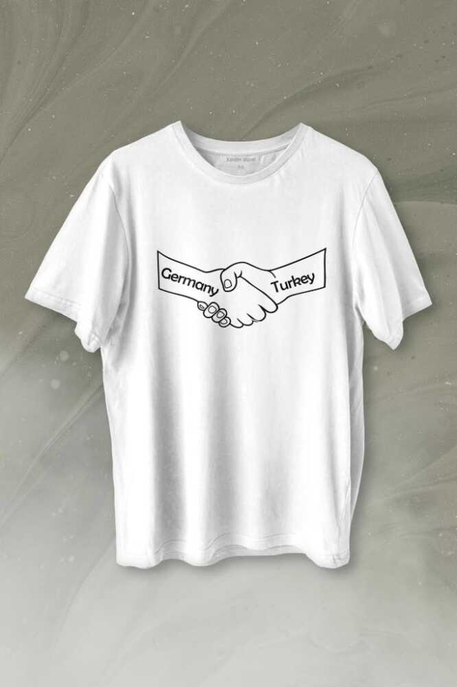 Ülke Dostluk Türkiye Almanya Friends El Tokalaşma Baskılı Tişört Unisex T-shirt - 1