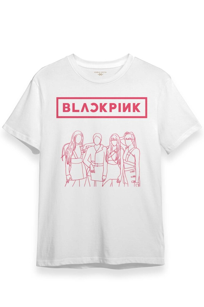 Unisex Beyaz T-shirt BLACKPINK Çizim Kore Music K-POP Baskılı Tişört - KENDİM SEÇTİM