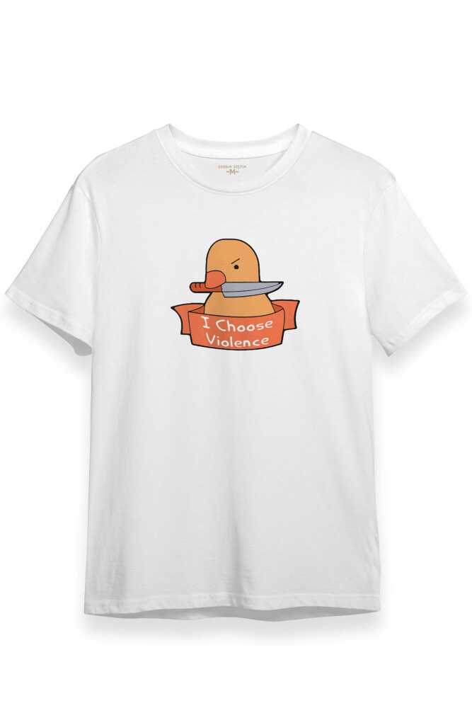 Unisex Beyaz Tişört I Choose Violence Sarı Ördek Tatlı Funny Eğlenceli Yazı Baskılı T-shirt - 1