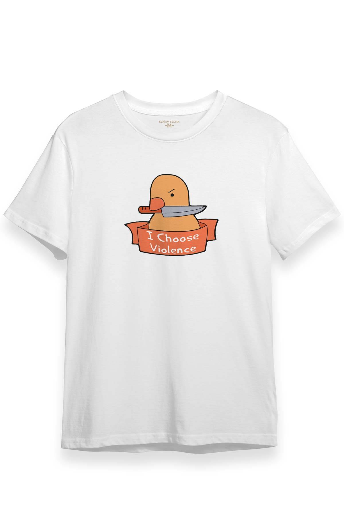 Unisex Beyaz Tişört I Choose Violence Sarı Ördek Tatlı Funny Eğlenceli Yazı Baskılı T-shirt