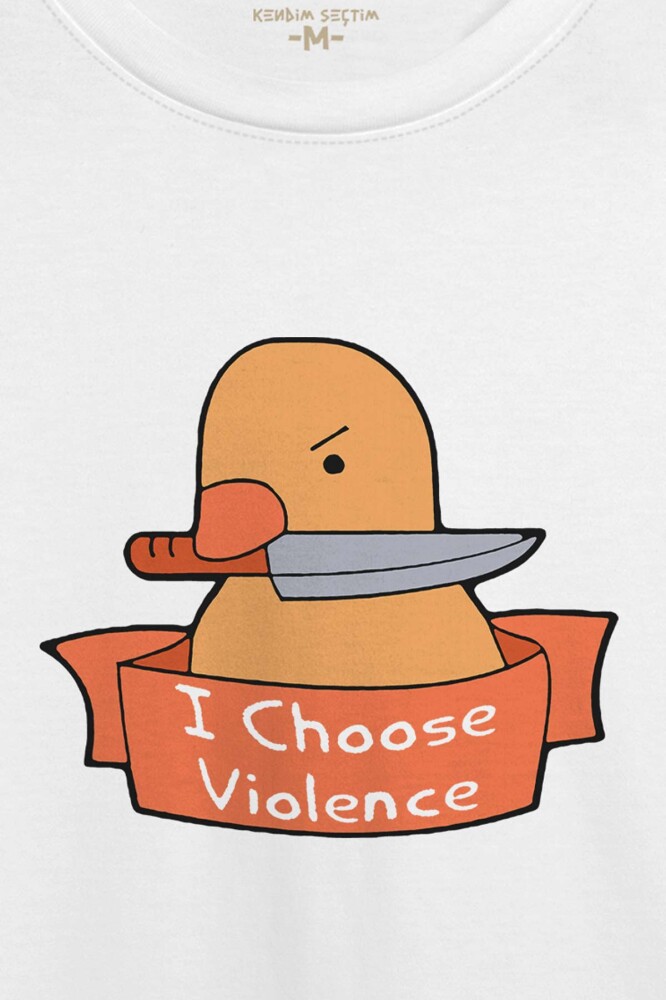 Unisex Beyaz Tişört I Choose Violence Sarı Ördek Tatlı Funny Eğlenceli Yazı Baskılı T-shirt - 2