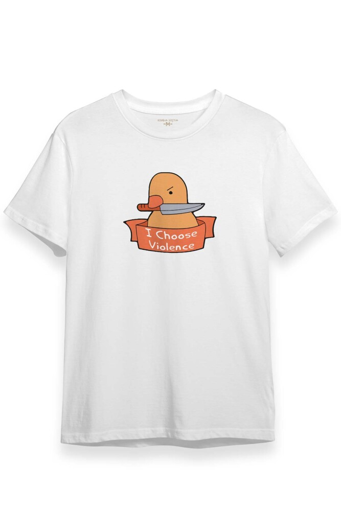 Unisex Beyaz Tişört I Choose Violence Sarı Ördek Tatlı Funny Eğlenceli Yazı Baskılı T-shirt