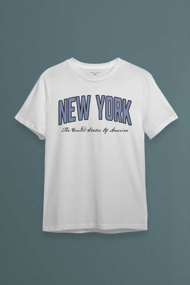 Unisex Beyaz Tişört New York City Şehir Yazı Baskılı T-shirt - 1
