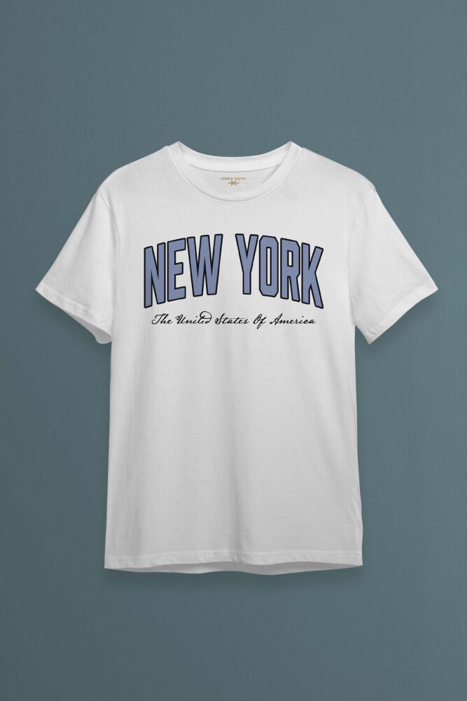 Unisex Beyaz Tişört New York City Şehir Yazı Baskılı T-shirt - 1