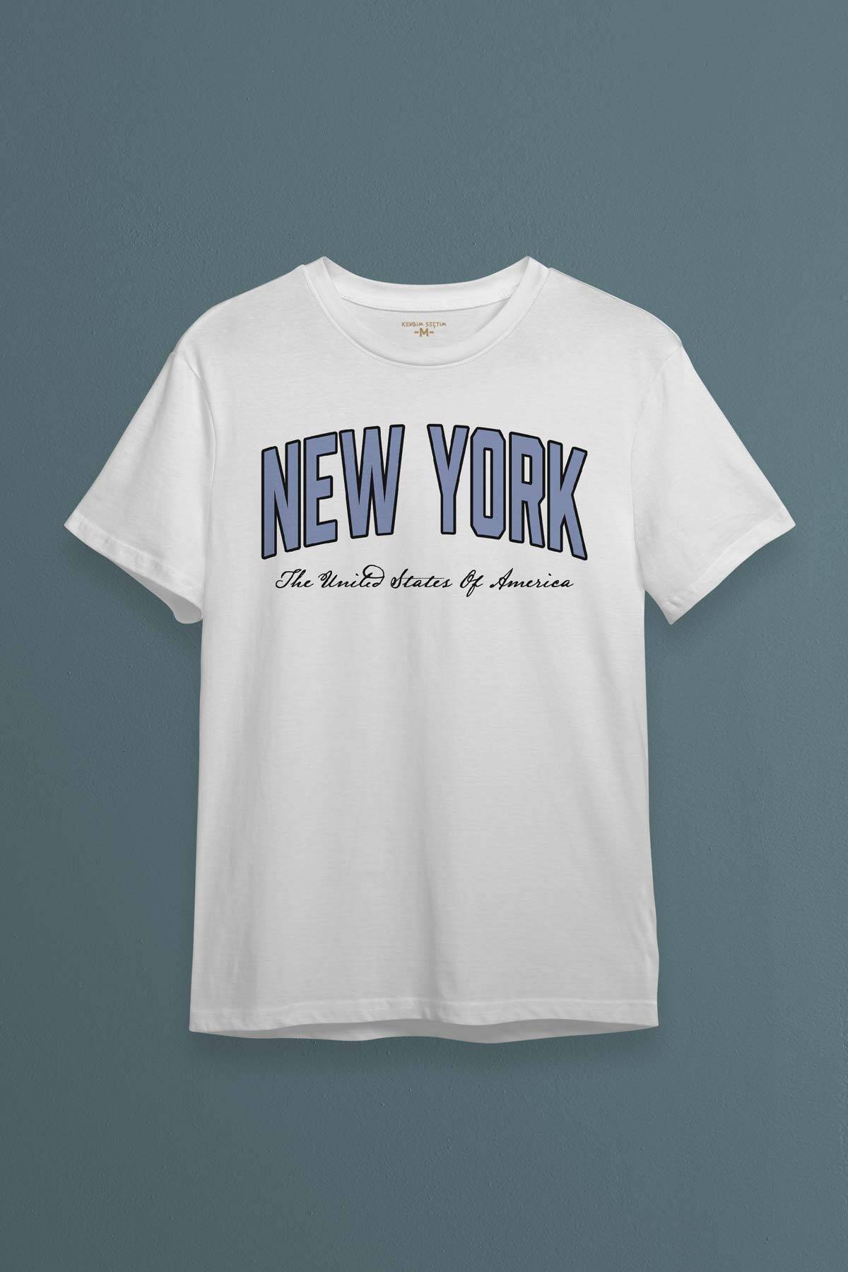 Unisex Beyaz Tişört New York City Şehir Yazı Baskılı T-shirt - 1
