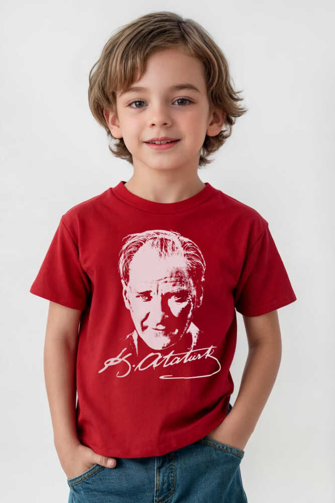 Unisex Kırmızı Mustafa Kemal Atatürk 23 Nisan 19 Mayıs Baskılı Çocuk Tişört