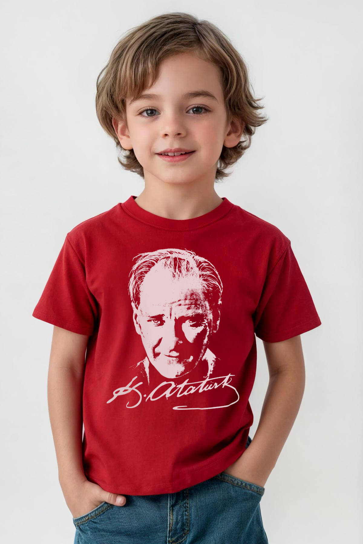 Unisex Kırmızı Mustafa Kemal Atatürk 23 Nisan 19 Mayıs Baskılı Çocuk Tişört
