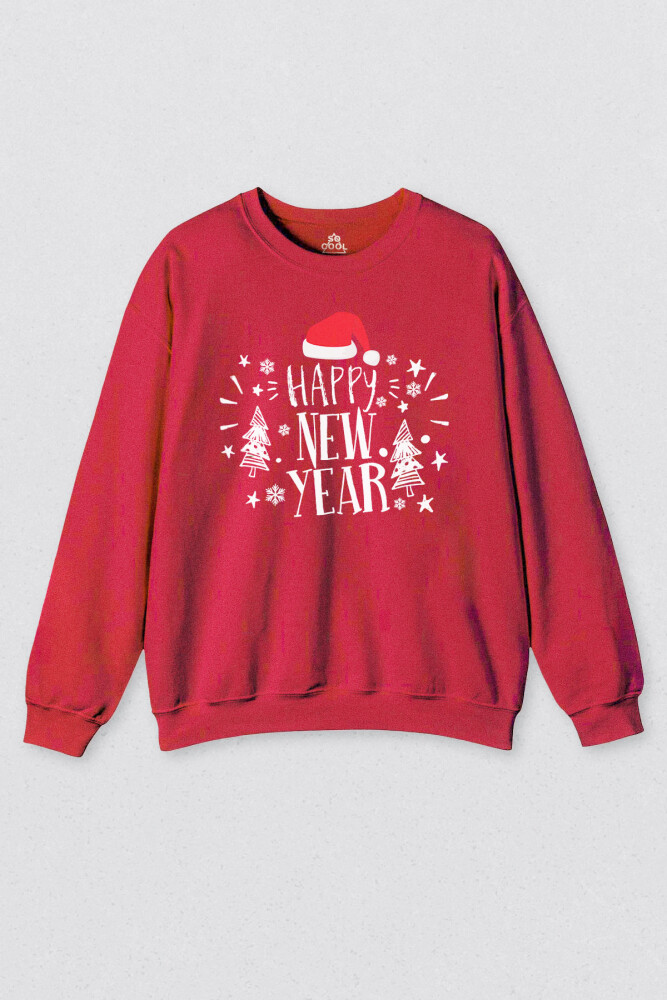 Unisex Kırmızı Sweatshirt Happy New Year 2026 Yeni Yıl Hediye Noel Yılbaşı Baskılı Sweat - So Cool