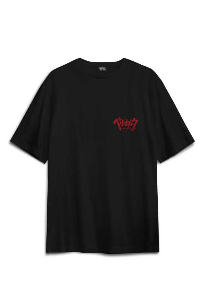 Unisex Pamuk Siyah Berserk Manga Anime Guts Kılıç Ön Sırt Baskılı Oversize Tişört