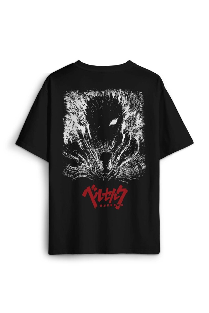 Unisex Pamuk Siyah Berserk Manga Anime Guts Kılıç Ön Sırt Baskılı Oversize Tişört - 2