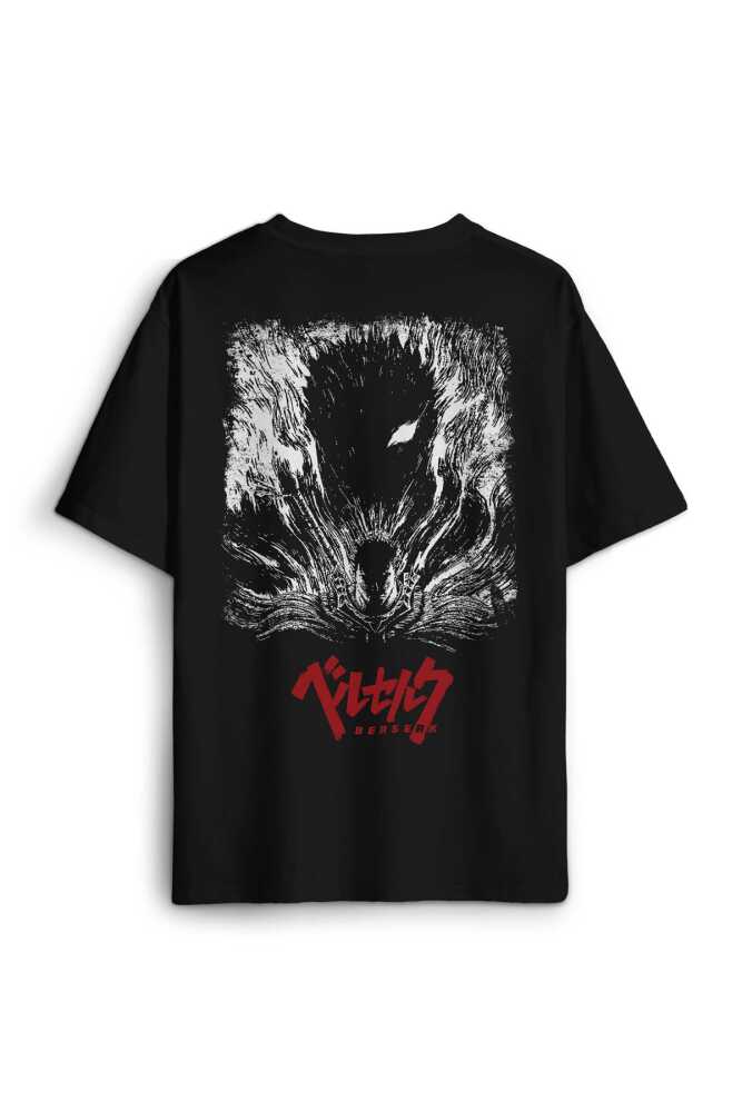 Unisex Pamuk Siyah Berserk Manga Anime Guts Kılıç Ön Sırt Baskılı Oversize Tişört - 2