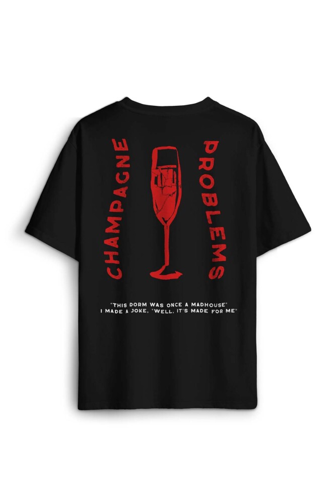 Unisex Pamuk Siyah Champagne Problems Taylor Swift Evermore Ön Sırt Baskılı Oversize Tişört - 2