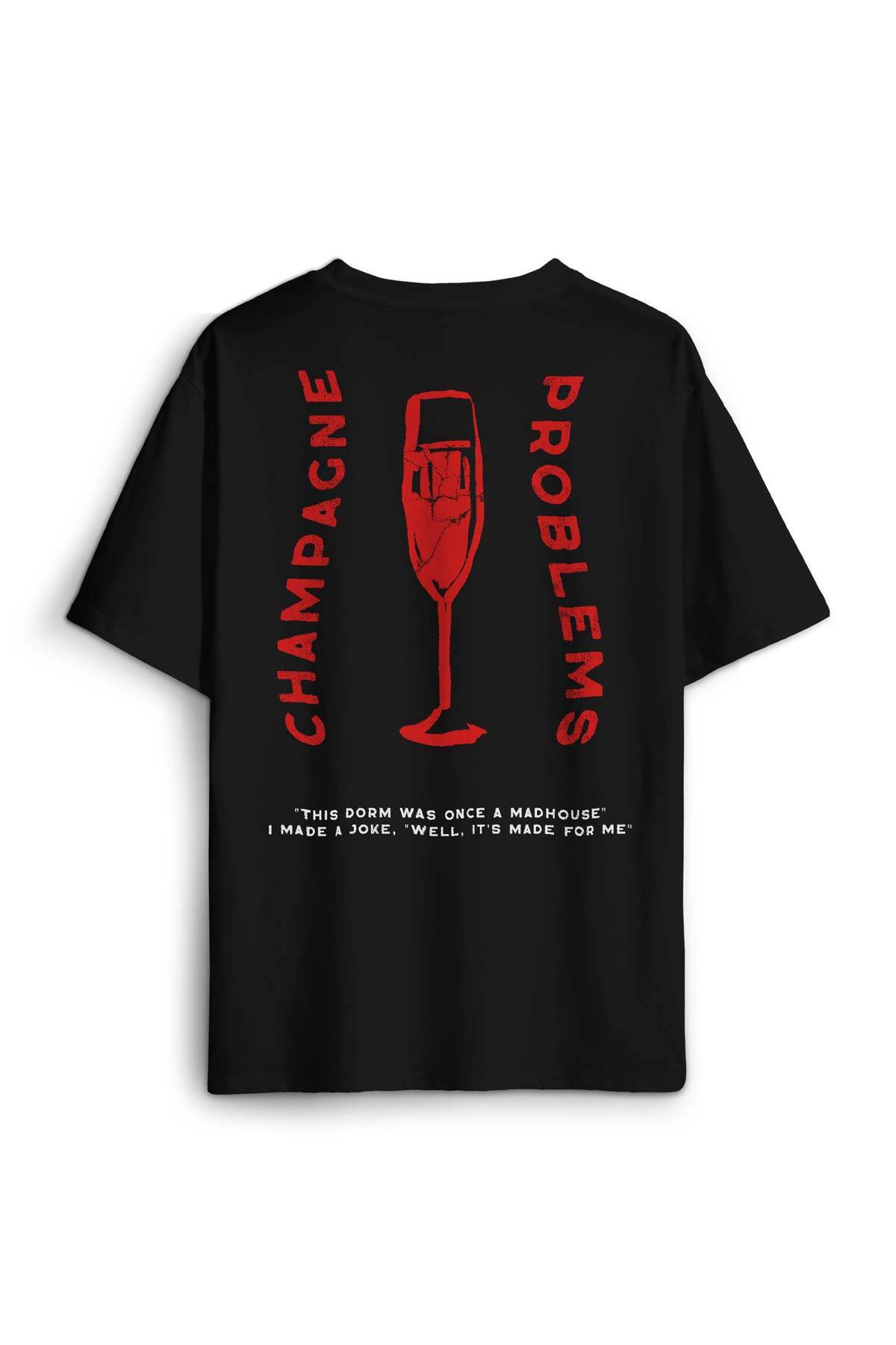 Unisex Pamuk Siyah Champagne Problems Taylor Swift Evermore Ön Sırt Baskılı Oversize Tişört (1)
