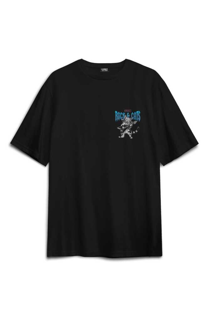 Unisex Pamuk Siyah Meowtallica Rock Cat Metallica Gitar Kedi Sırt Ön Baskılı Oversize Tişört (1)