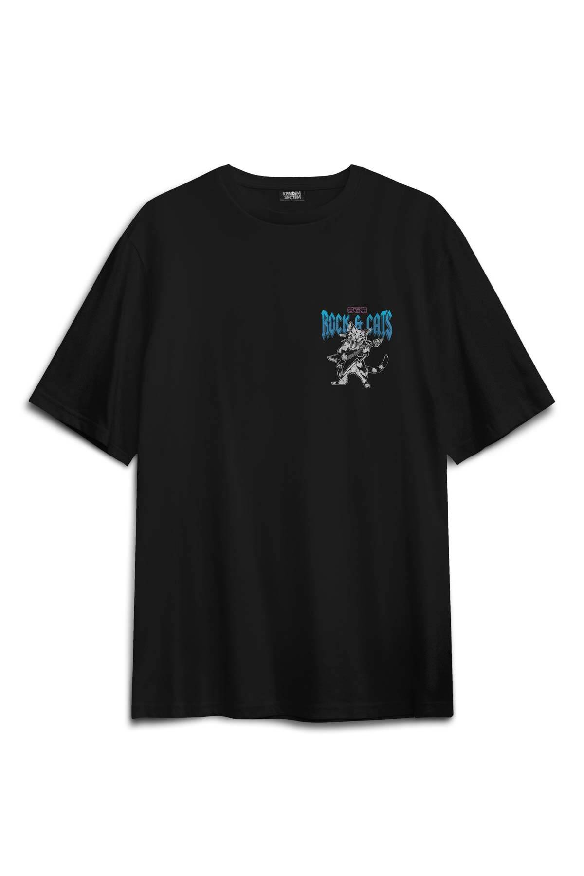 Unisex Pamuk Siyah Meowtallica Rock Cat Metallica Gitar Kedi Sırt Ön Baskılı Oversize Tişört (1)