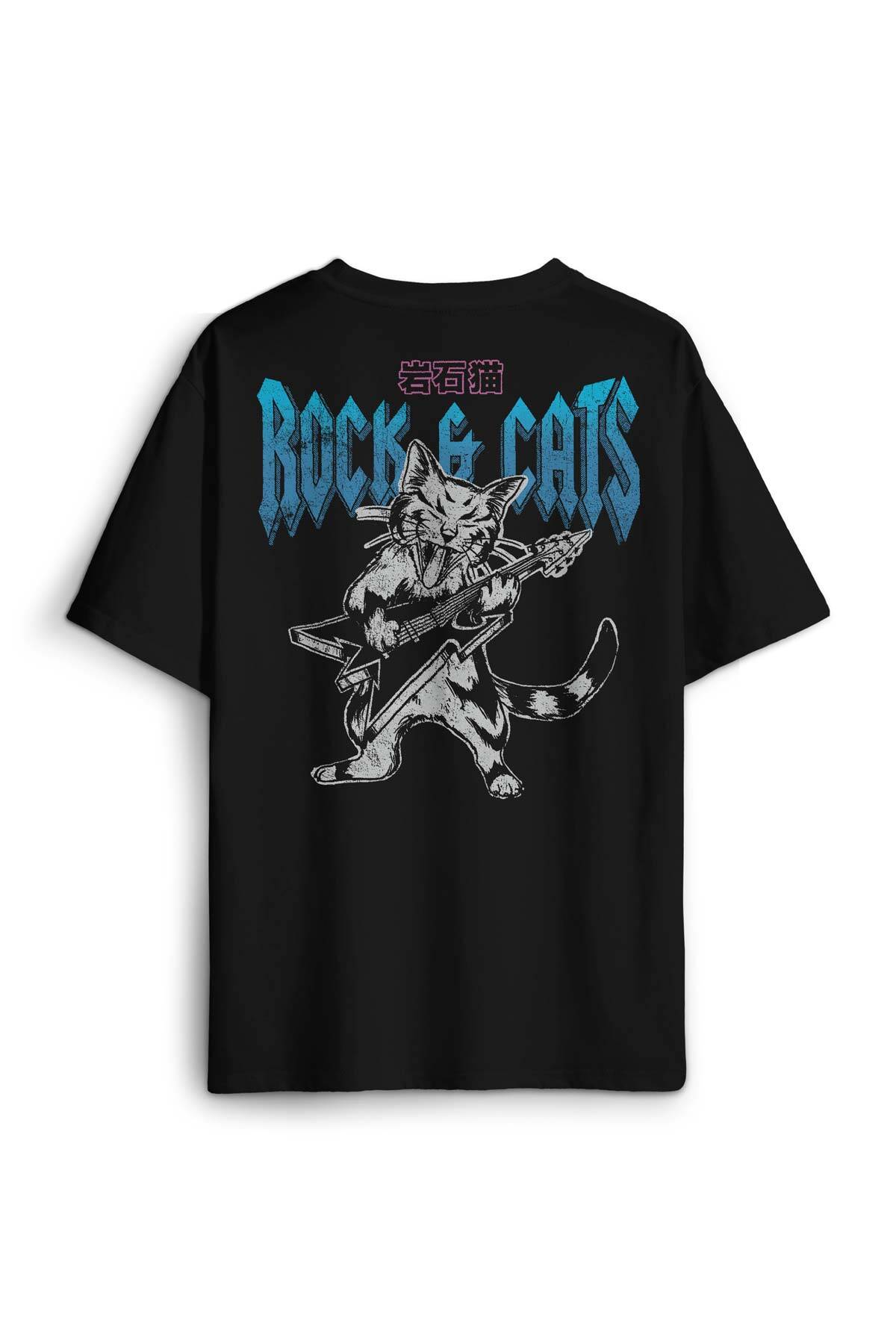 Unisex Pamuk Siyah Meowtallica Rock Cat Metallica Gitar Kedi Sırt Ön Baskılı Oversize Tişört - 1