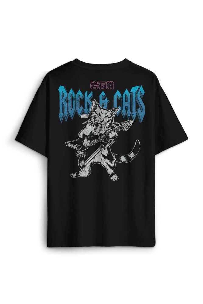 Unisex Pamuk Siyah Meowtallica Rock Cat Metallica Gitar Kedi Sırt Ön Baskılı Oversize Tişört - 1