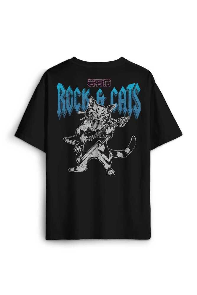 Unisex Pamuk Siyah Meowtallica Rock Cat Metallica Gitar Kedi Sırt Ön Baskılı Oversize Tişört - 1