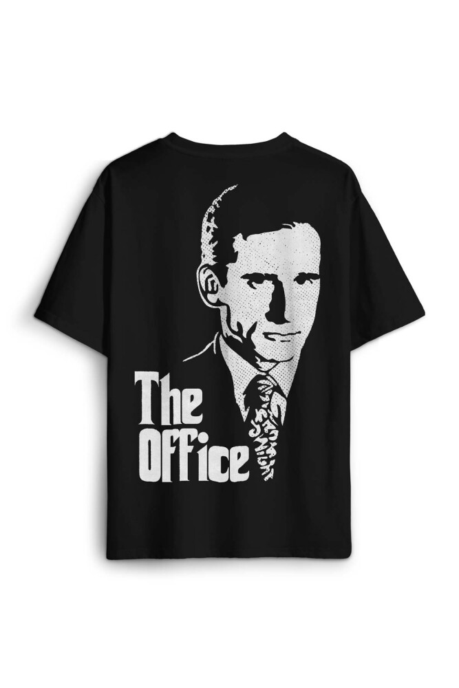 Unisex Pamuk Siyah The Office Michael Scott Godfather Dunder Mifflin Baskılı Oversize Tişört - 2