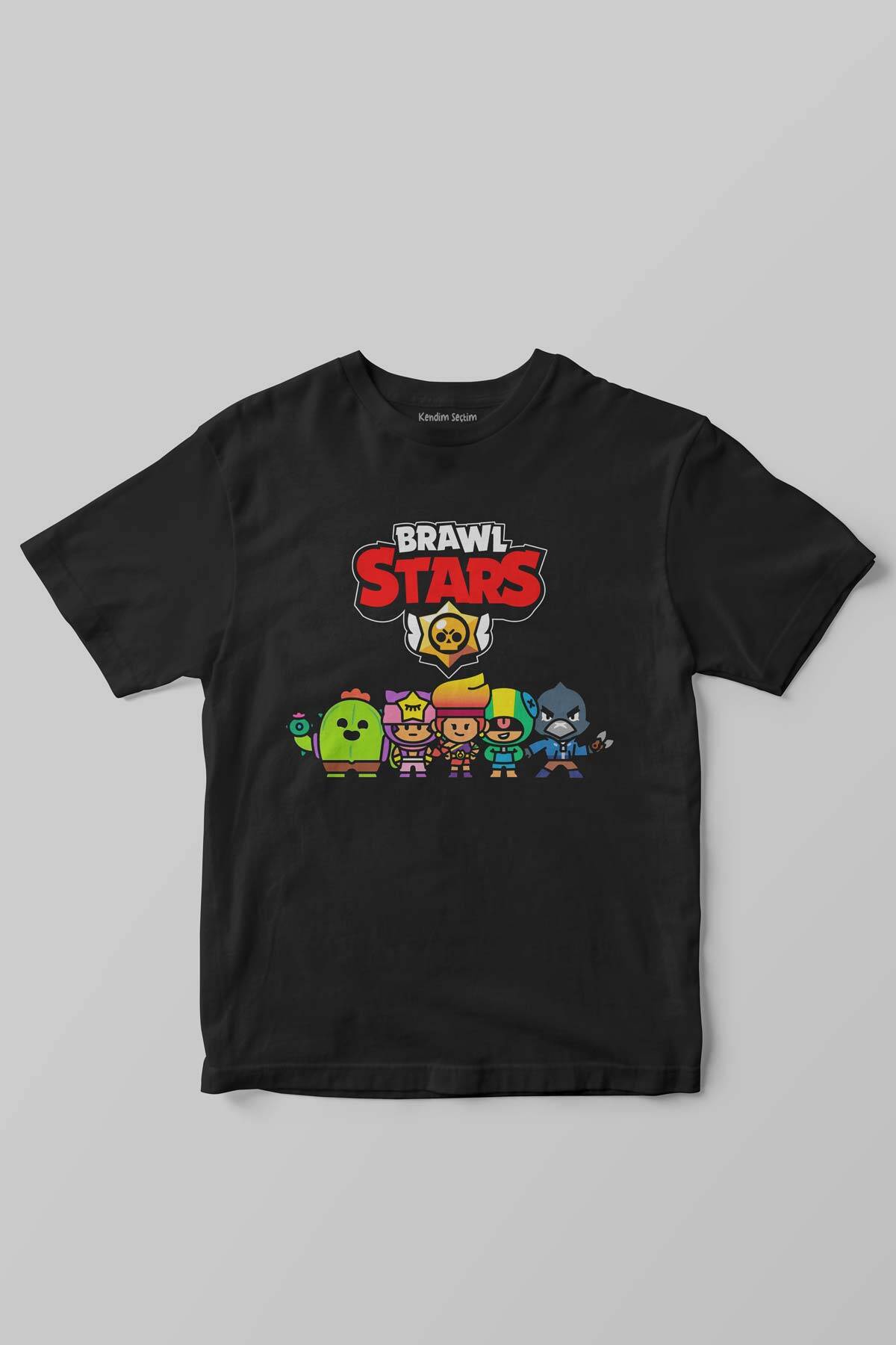 Unisex Siyah Brawl Stars Savaşçı Kahramanlar Karakter Tasarımlı Baskılı Çocuk Tişörtü