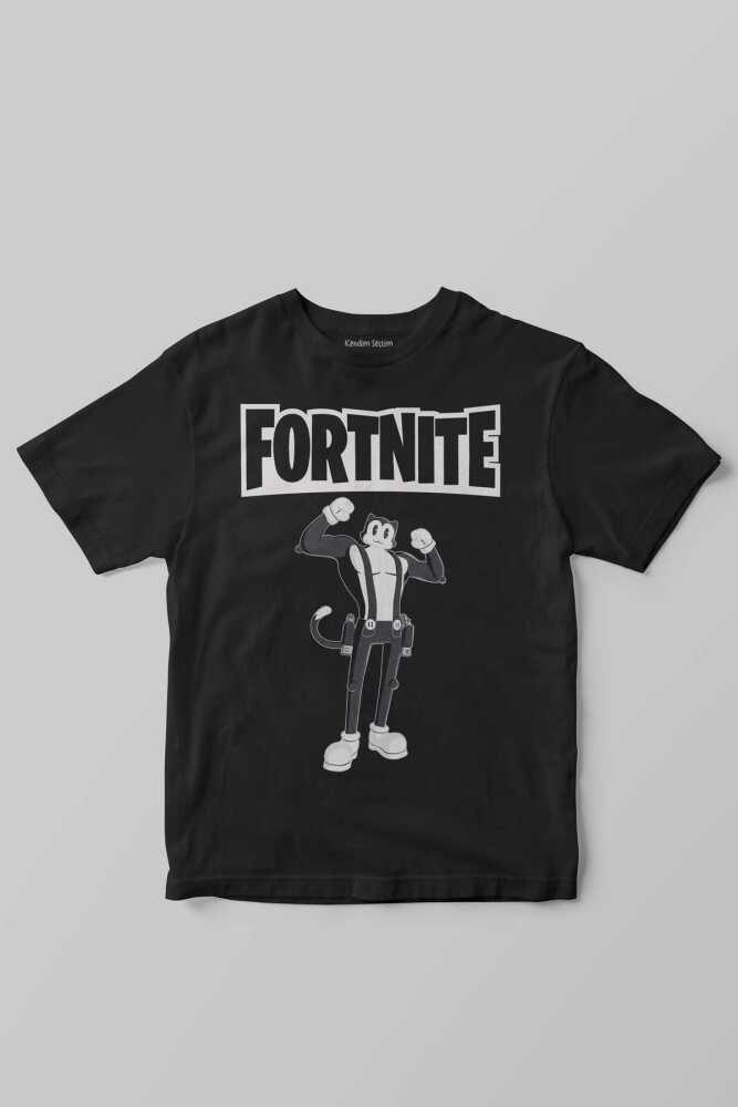 Unisex Siyah Fortnite Kedi Çizgi Tehlikeli Battle Royale Baskılı Warrior Çocuk Tişörtü - 1