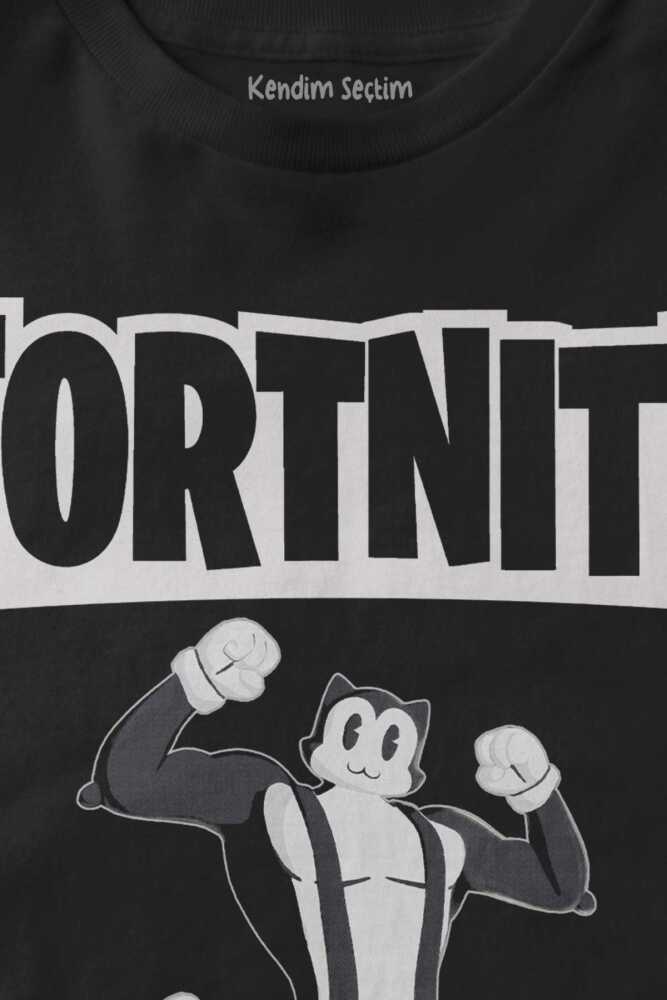 Unisex Siyah Fortnite Kedi Çizgi Tehlikeli Battle Royale Baskılı Warrior Çocuk Tişörtü - 2