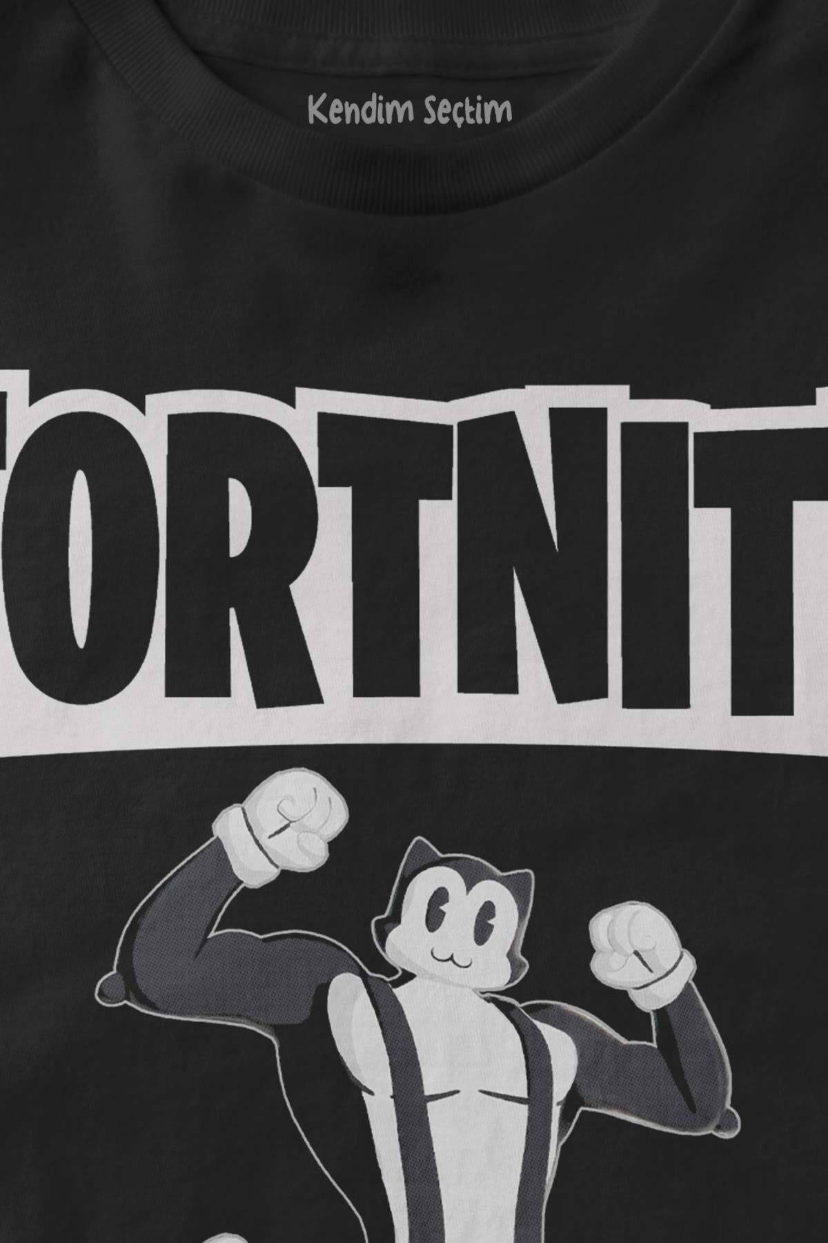 Unisex Siyah Fortnite Kedi Çizgi Tehlikeli Battle Royale Baskılı Warrior Çocuk Tişörtü (1)