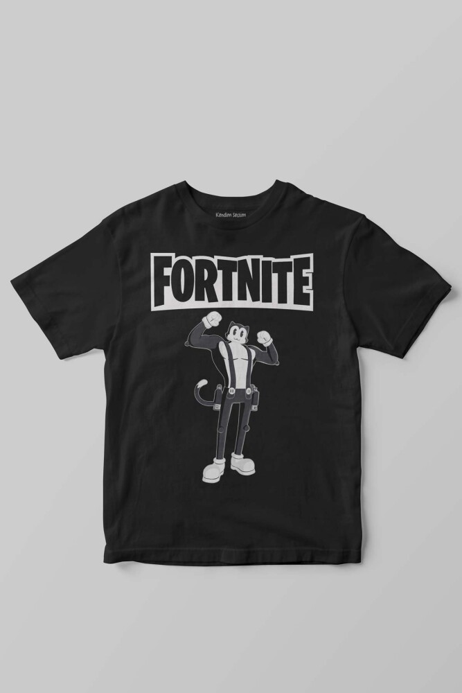 Unisex Siyah Fortnite Kedi Çizgi Tehlikeli Battle Royale Baskılı Warrior Çocuk Tişörtü - KENDİM SEÇTİM