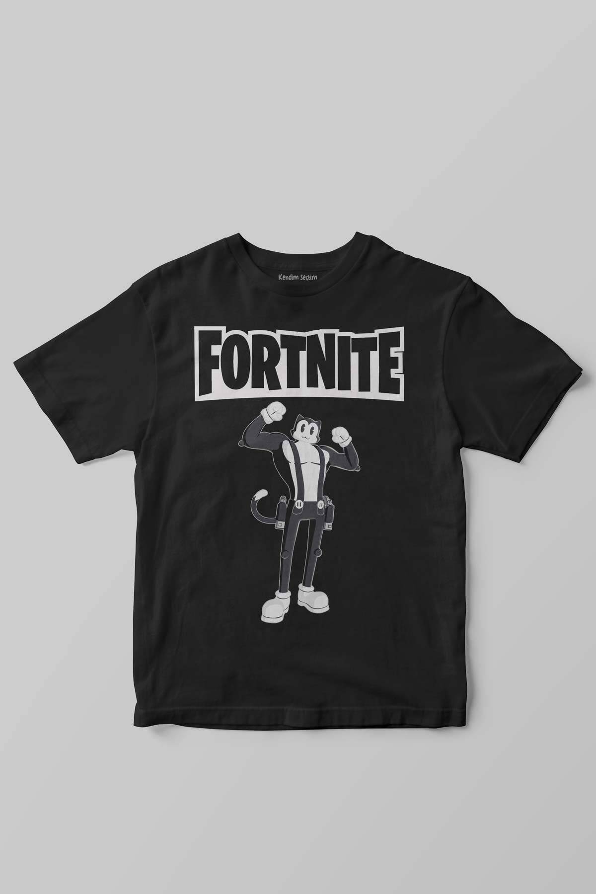 Unisex Siyah Fortnite Kedi Çizgi Tehlikeli Battle Royale Baskılı Warrior Çocuk Tişörtü - 1
