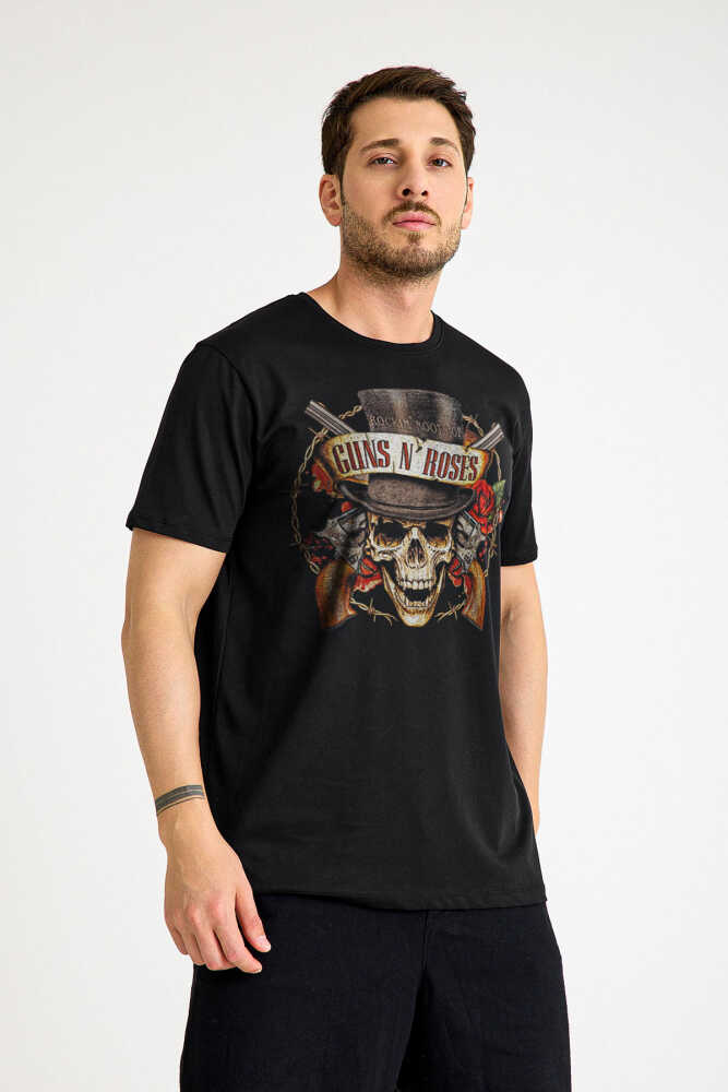 Unisex Siyah Guns N' Roses Baskılı T-shirt Kısa Kollu Tişört - 2