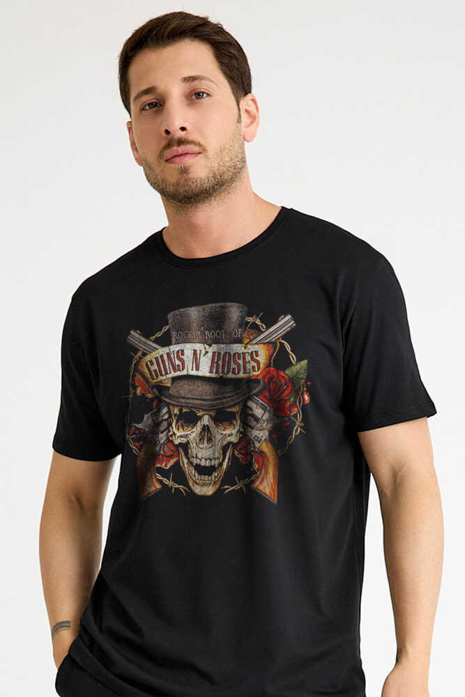 Unisex Siyah Guns N' Roses Baskılı T-shirt Kısa Kollu Tişört