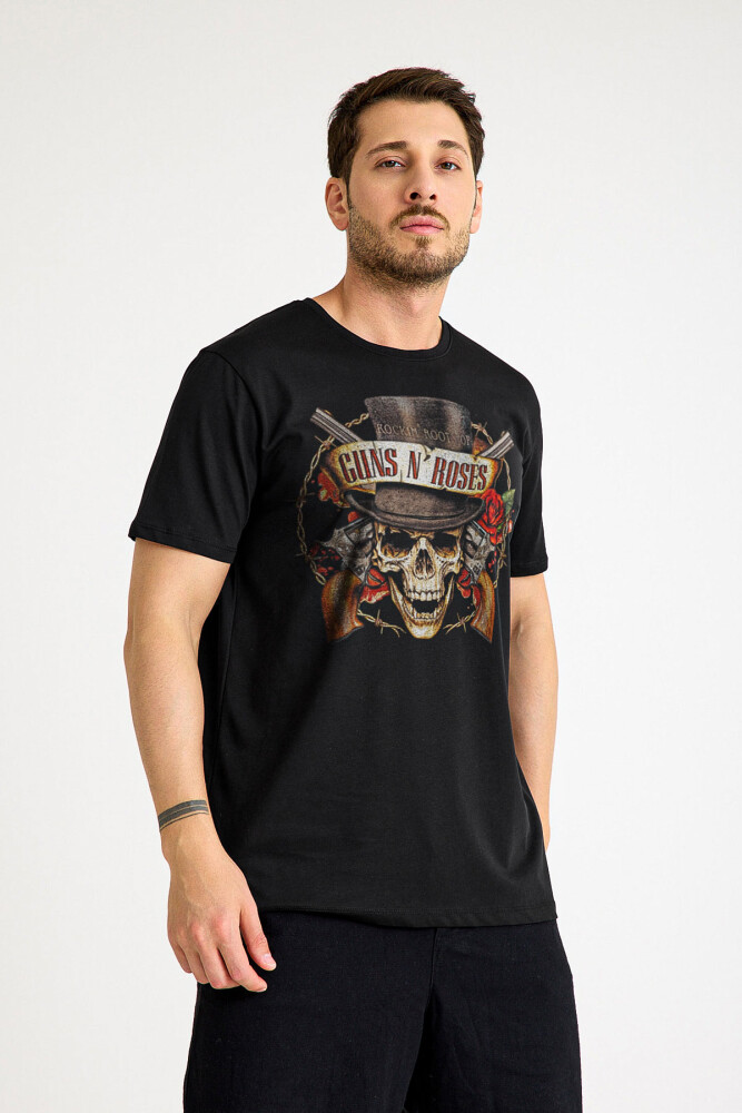 Unisex Siyah Guns N' Roses Baskılı T-shirt Kısa Kollu Tişört - 2