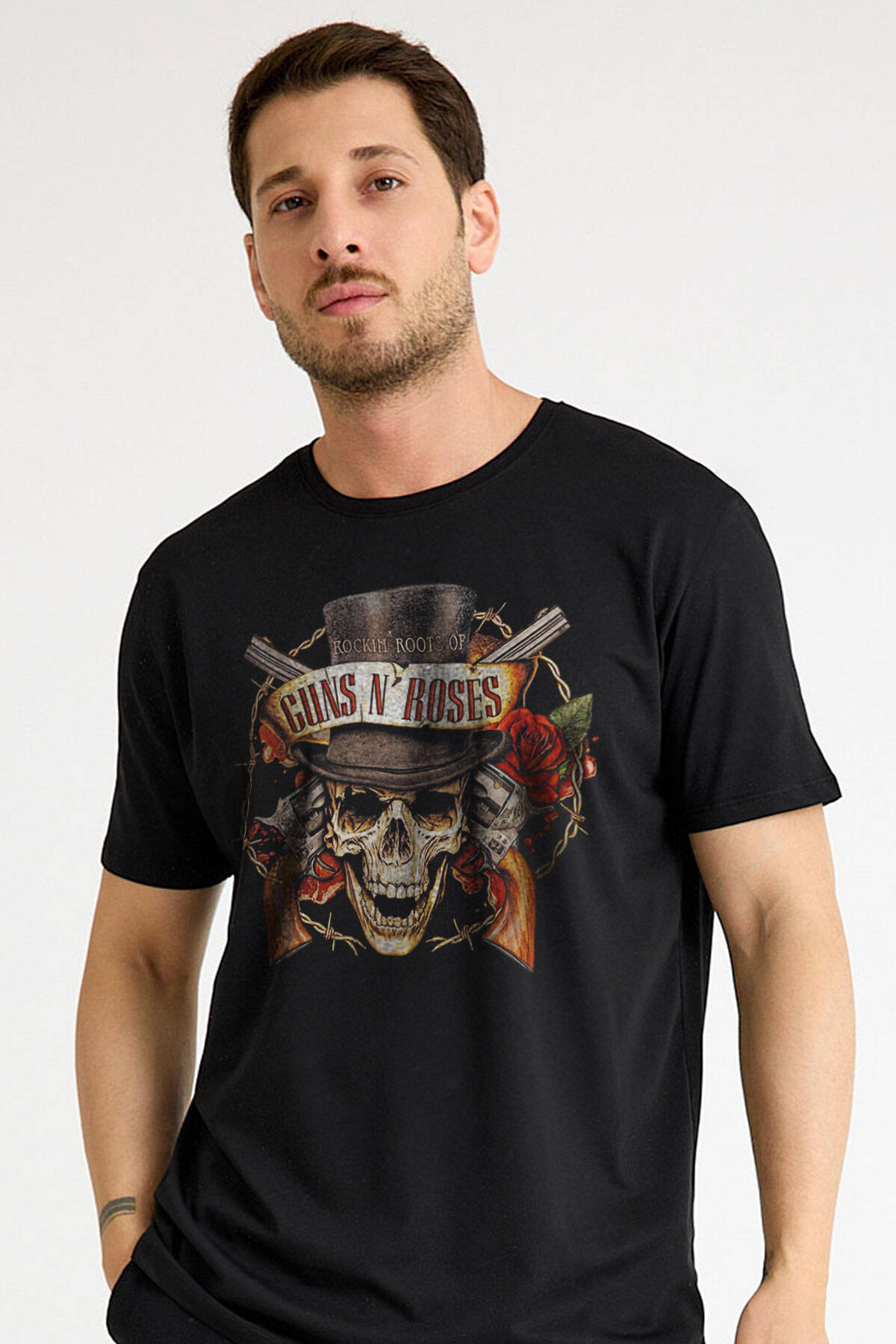 Unisex Siyah Guns N' Roses Baskılı T-shirt Kısa Kollu Tişört - 1