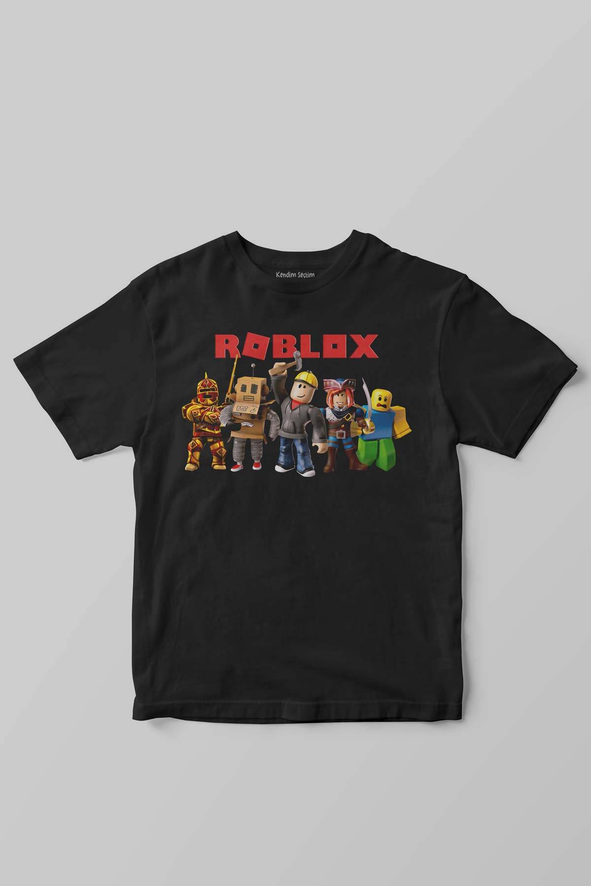 Unisex Siyah Roblox Oyun Dünyası Temalı Baskılı Çocuk Tişörtü - 1