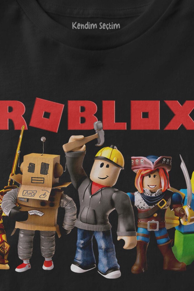Unisex Siyah Roblox Oyun Dünyası Temalı Baskılı Çocuk Tişörtü - 2