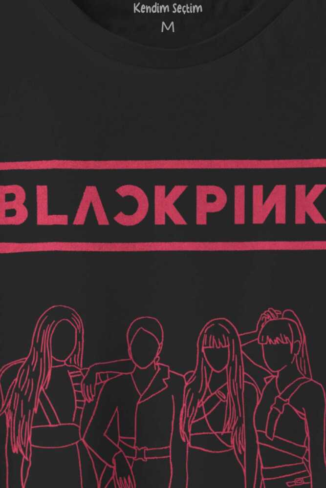 Unisex Siyah T-shirt BLACKPINK Çizim Kore Music K-POP Baskılı Tişört - 2