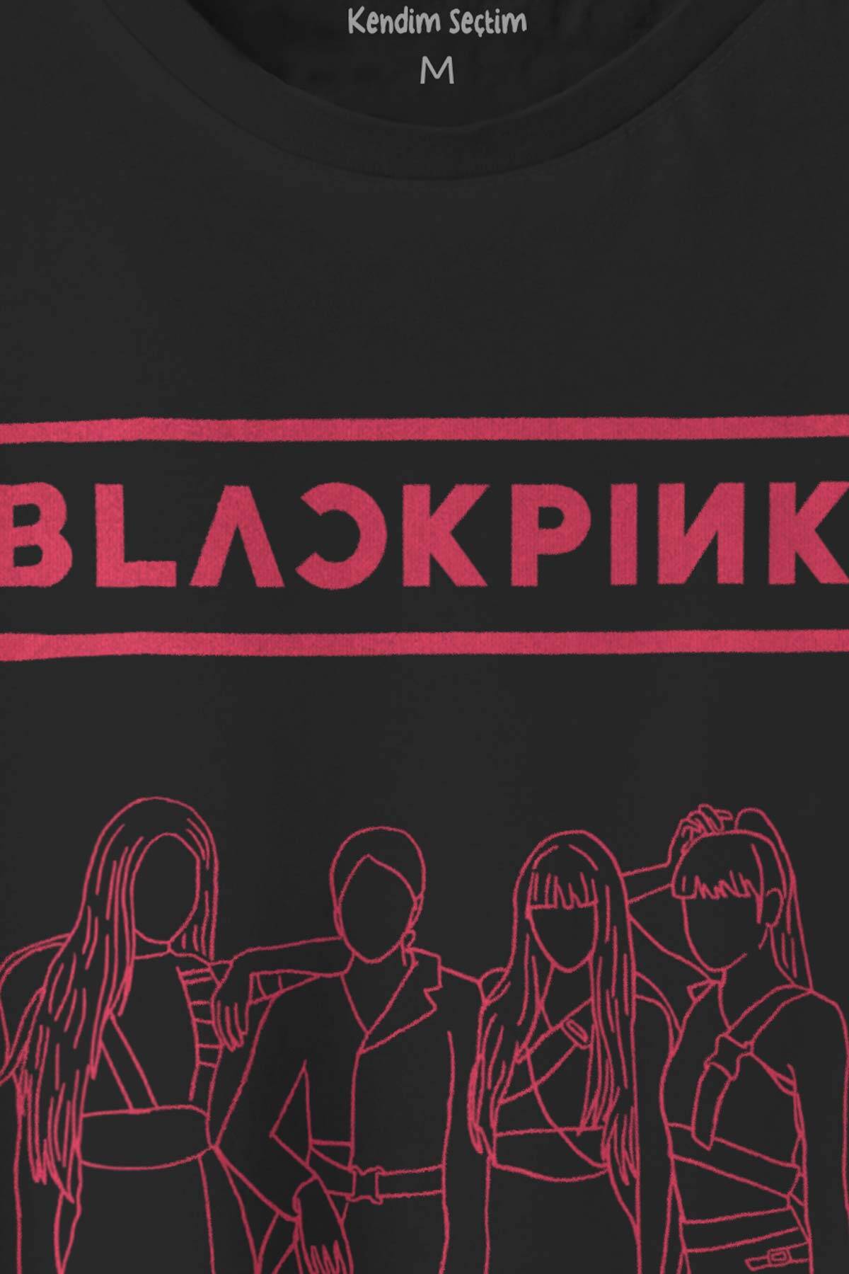 Unisex Siyah T-shirt BLACKPINK Çizim Kore Music K-POP Baskılı Tişört - 2