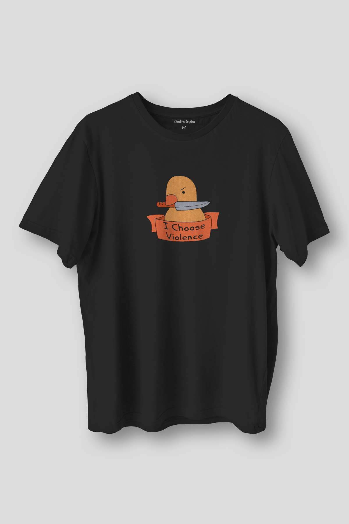 Unisex Siyah Tişört I Choose Violence Sarı Ördek Tatlı Funny Eğlenceli Yazı Baskılı T-shirt