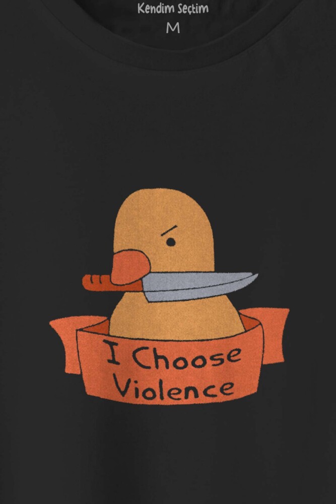Unisex Siyah Tişört I Choose Violence Sarı Ördek Tatlı Funny Eğlenceli Yazı Baskılı T-shirt (1)