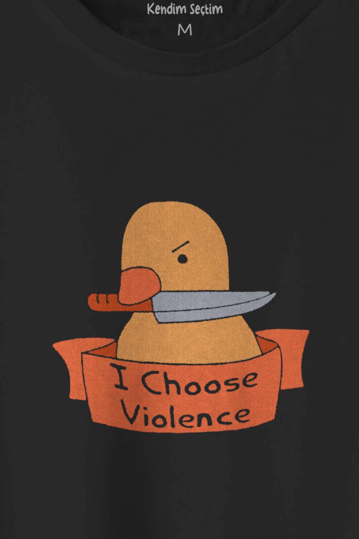 Unisex Siyah Tişört I Choose Violence Sarı Ördek Tatlı Funny Eğlenceli Yazı Baskılı T-shirt (1)