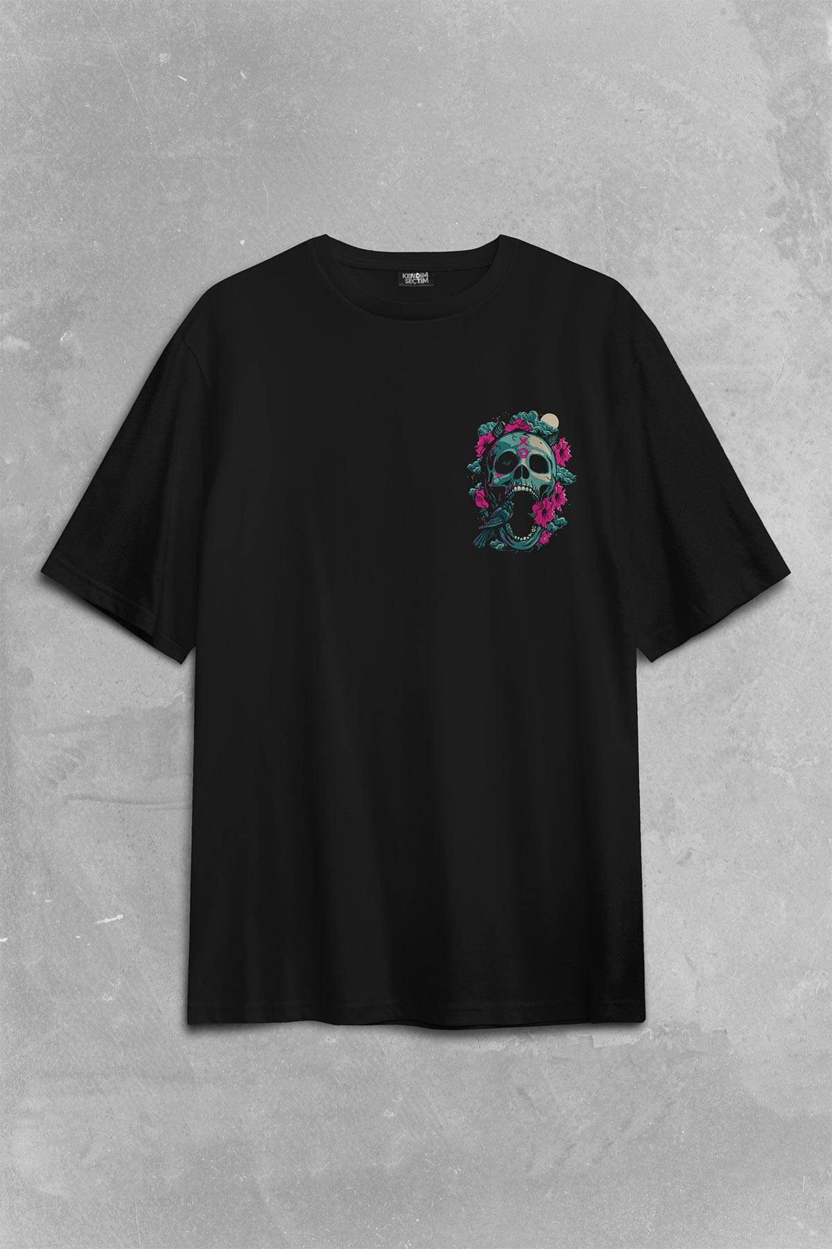 Unisex Sugar Skull Skeleton Rose Kuru Kafa Gül Sırt Ön Baskılı Oversize Tişört Unisex T-Shirt (1)