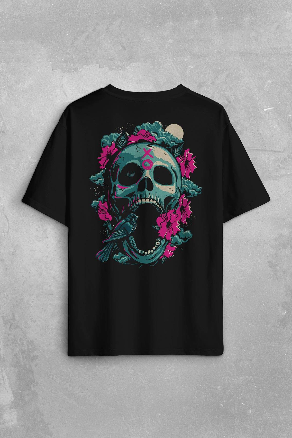 Unisex Sugar Skull Skeleton Rose Kuru Kafa Gül Sırt Ön Baskılı Oversize Tişört Unisex T-Shirt - 1