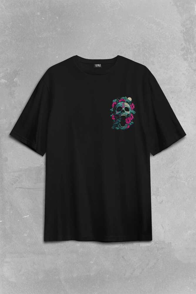 Unisex Sugar Skull Skeleton Rose Kuru Kafa Gül Sırt Ön Baskılı Oversize Tişört Unisex T-Shirt (1)